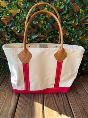 Vintage L.L. Bean Cream Canvas Tote with Red Trim and Tan Leather Handles